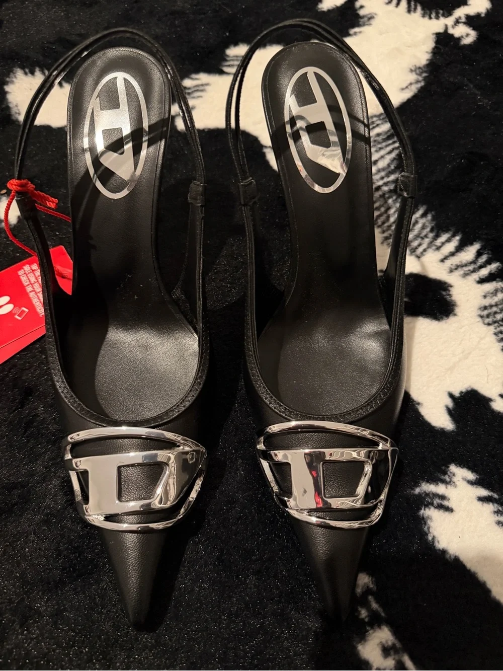 Diesel D-Venus Black Pointed Slingback Pumps with Silver Accent